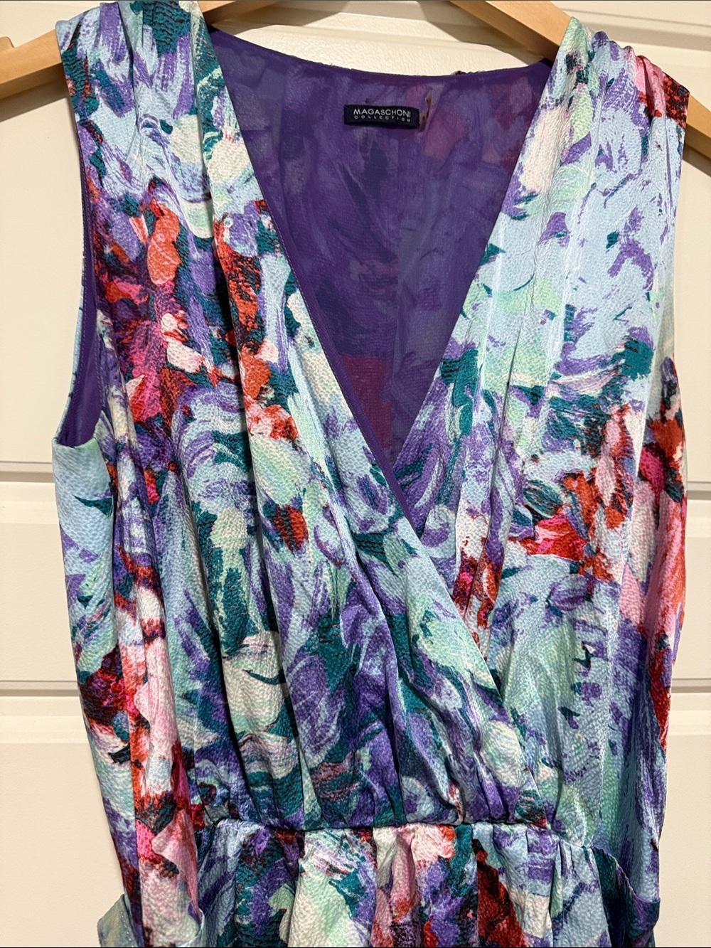 Magaschoni floral pure silk maxi dress with belt 6 designer satin - Picture 2 of 10